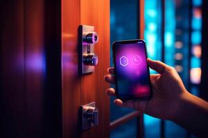 Woman locking smartlock on the entrance door using a smart phone. Concept of using smart electronic locks with keyless access photo