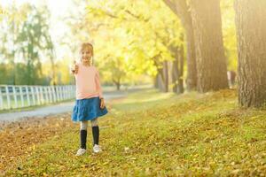 espalda a escuela. pequeño niña en otoño parque foto