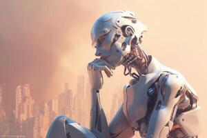 White woman cyborg on blurred background using digital chart interface 3D rendering photo