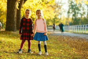 Two little girl friends schoolgirl in the park. photo