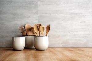 Crockery, tableware, utensils and other different stuff on wooden table-top. Kitchen still life as background for design. photo