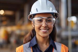 cerca arriba retrato hembra industrial robótica ingeniero participación walkie película sonora y tableta mirando a cámara. mujer técnico moderno fábrica 4.0, técnico supervisor de el robot generativo ai foto