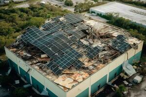 Top view of destroyed by hurricane Ian photovoltaic solar panels mounted on industrial building roof for producing green ecological electricity. Consequences of natural disaster in Generative AI photo