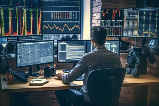 Back view of bearded young businessman woking with graph and charts on computer photo