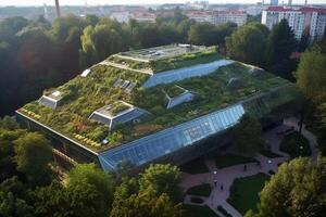 Sustainble green building. Eco-friendly building. Sustainable glass office building with tree for reducing carbon dioxide. Office with green environment. Corporate building reduce CO2. photo