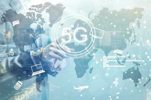 people, business and gesture concept - close up of man pointing finger to to something 5G mobile technology concept - high internet speed photo