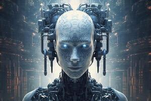 Cyborg woman with deep space and circuit design background photo