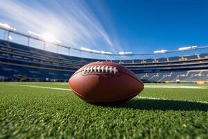 American football stadium full of fans in the stands with ball ready for kickoff or field goal on the field. Deliberate focus on foreground and copy space. Generative AI photo