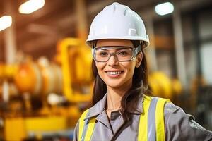 Close up portrait female industrial robotics engineer holding walkie talkie and tablet looking at camera. woman technician modern factory 4.0, Technical supervisor of the robot Generative AI photo