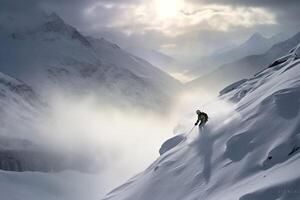 Winter time. Skier and mountains landscape photo