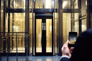 Smart Digital touch screen keypad access by entering pass code digital door handles on wood door Hotel or apartment door, future modern safety security technology more safe secure photo