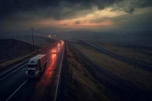 a long traffic jam of many trucks at the border , a long wait for customs checks between States due to the coronavirus epidemic, increased sanitary inspection of cargo transport photo