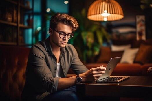 Young man works at a computer in the office. Freelancer working from a laptop. Business, education concept. photo