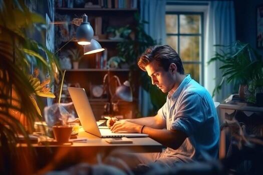 Young man works at a computer in the office. Freelancer working from a laptop. Business, education concept. photo