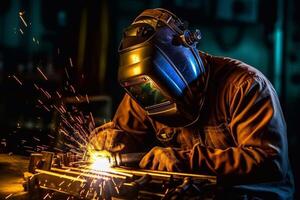 Welder on steel structure in factory photo