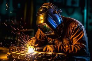 Welder on steel structure in factory Generative AI photo