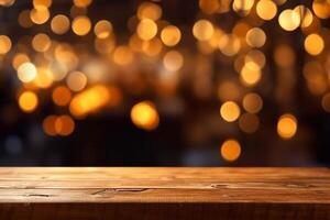 rustic wooden table in front of glitter black and gold bokeh lights Generative AI photo