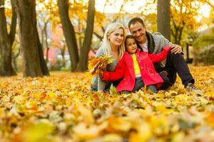 un familia disfrutando dorado hojas en otoño parque foto