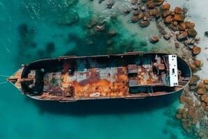 Top view of sinking tanker shot by drone. Inverted tanker wrecked on Black Sea coast of Odessa. Empty tanker leaned to one side and ran aground by during storm with strong wind. Generative AI photo
