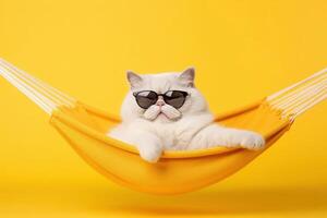 Funny white cat in sunglasses lies on a fabric hammock on a yellow background. photo