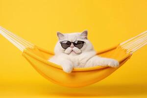 gracioso blanco gato en Gafas de sol mentiras en un tela hamaca en un amarillo antecedentes. generativo ai foto