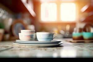 blanco taza de café con fumar en mesa en cafetería. calentar tono. generativo ai foto