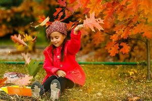 Adorable little schoolgirl studying outdoors on bright autumn day. Young student doing her homework. Education for small kids. Back to school concept. photo