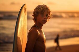 confidente chico que lleva tabla de surf mientras en pie a playa en puesta de sol generativo ai foto