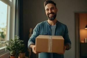 Head shot portrait smiling man holding cardboard box, giving or receiving parcel, sitting on couch at home, happy satisfied customer looking at camera, good delivery service andGenerative AI photo