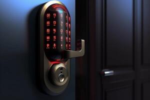 Smart Digital touch screen keypad access by entering pass code digital door handles on wood door Hotel or apartment door, future modern safety security technology more safe secure Generative AI photo