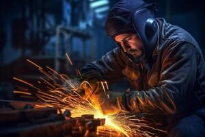 Welder on steel structure in factory photo