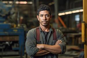 Portrait of construction worker in uniform is in the factory. photo