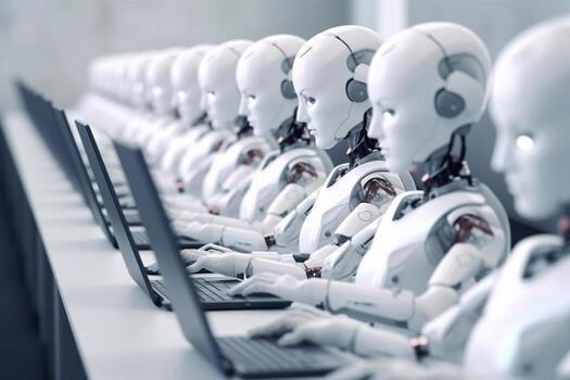 Robot team working in the office, Future technology concept photo