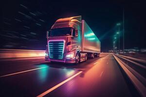 Concept Autonomous Semi Truck with Cargo Trailer Drives at Night on the Road with Sensors Scanning Surrounding. Special Effects of Self Driving Truck Digitalizing Freeway Generative AI photo