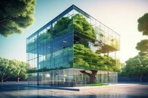 Sustainble green building. Eco-friendly building. Sustainable glass office building with tree for reducing carbon dioxide. Office with green environment. Corporate building reduce CO2. Generative AI photo