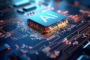 3D render AI artificial intelligence technology CPU central processor unit chipset on the printed circuit board for electronic and technology concept select focus shallow depth of field photo