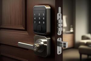 Wood door with smart lock, touch screen keypad and fingerprint, key less access photo
