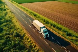 Trucker by logistics company Semi Trailer truck delivering cargo to a customer or supplier. Truck with semi-trailer driving on highway. Transport logistics. Generative AI photo