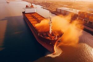 Black Sea Grain Initiative 2023 grain Deal. Port cranes loading of grain on a bulk carrier at sunny day. Panoramic shot made by drone photo