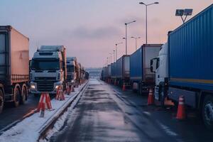 a long traffic jam of many trucks at the border , a long wait for customs checks between States due to the coronavirus epidemic, increased sanitary inspection of cargo transport photo