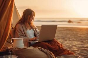 young woman working with a laptop on nature in summer beach Generative AI photo