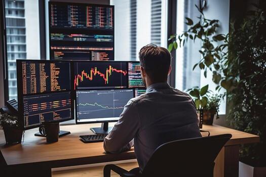 Back view of bearded young businessman woking with graph and charts on computer photo