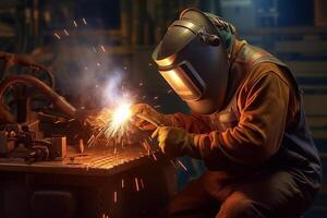 Welder on steel structure in factory photo
