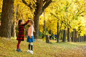 pequeño muchachas medida altura a cada otro en otoño parque foto