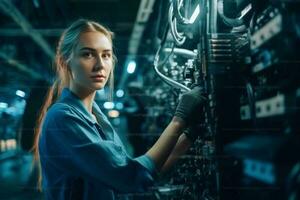 Female Auto Mechanic Working Underneath Car In Garage. Portrait of smiling young female mechanic. Female mechanic inspecting a lifted car. Mechanic woman working on car in her shop Generative AI photo