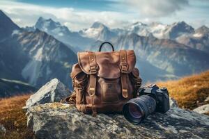 Professional photography equipment on rocky river coast Generative AI photo