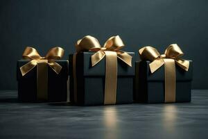 Three black gift boxes with golden bow - 3D illustration Generative AI photo