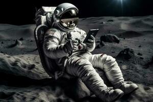 Astronaut sits in a beach chair on a Moon surface, holding phone in hands Generative AI photo