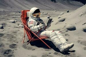 Astronaut sits in a beach chair on a Moon surface, holding phone in hands Generative AI photo