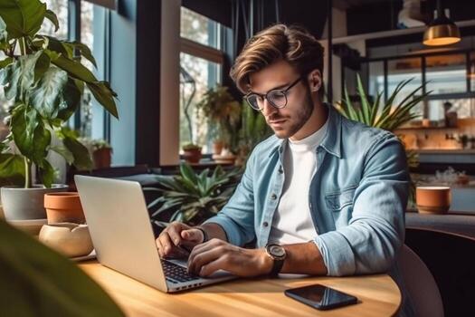 Young man works at a computer in the office. Freelancer working from a laptop. Business, education concept. photo